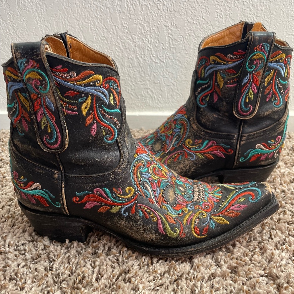 Old Gringo Dulce Calavera Multicolor Embroidered Ankle Boots Sugar Skull 7